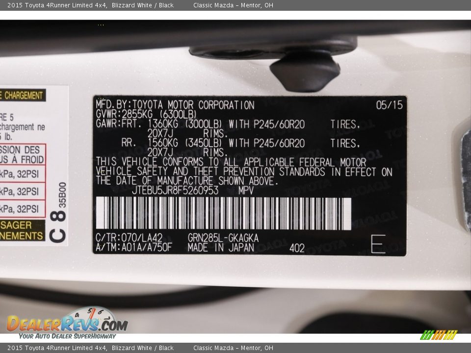 2015 Toyota 4Runner Limited 4x4 Blizzard White / Black Photo #23