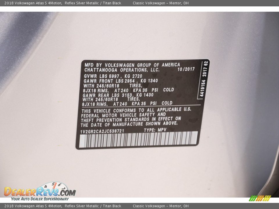 2018 Volkswagen Atlas S 4Motion Reflex Silver Metallic / Titan Black Photo #20
