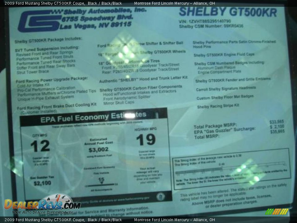 2009 Ford Mustang Shelby GT500KR Coupe Black / Black/Black Photo #19