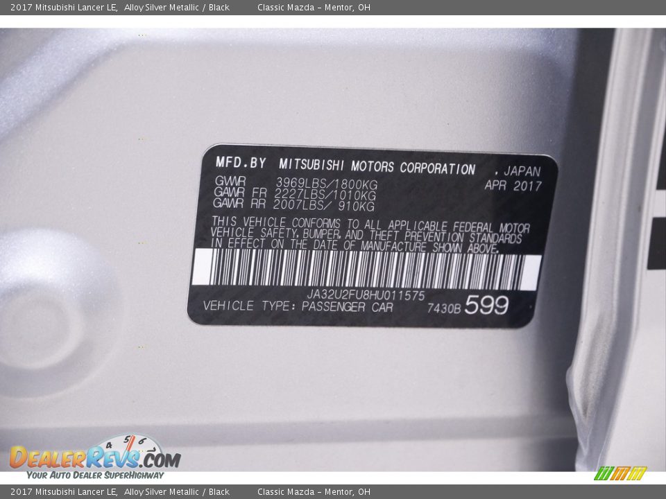 2017 Mitsubishi Lancer LE Alloy Silver Metallic / Black Photo #20