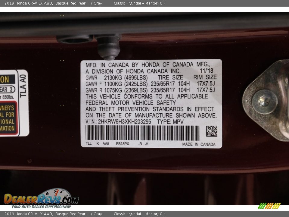 2019 Honda CR-V LX AWD Basque Red Pearl II / Gray Photo #20