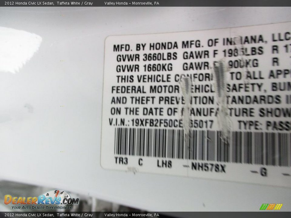 2012 Honda Civic LX Sedan Taffeta White / Gray Photo #19