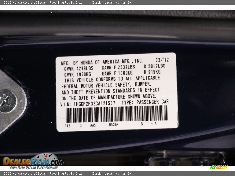 2012 Honda Accord LX Sedan Royal Blue Pearl / Gray Photo #18