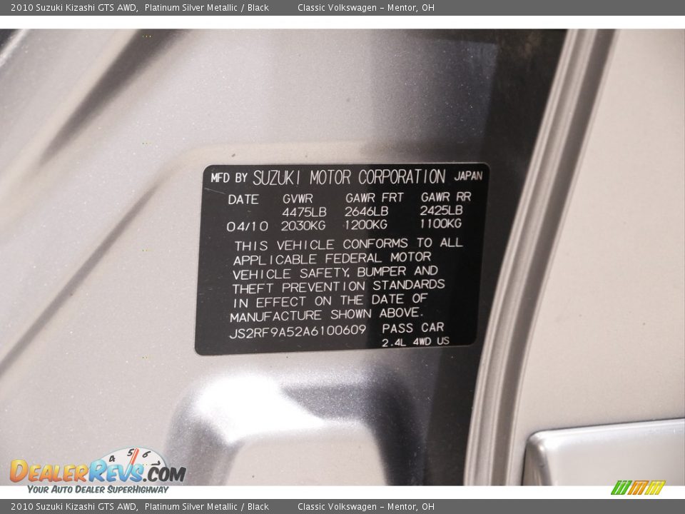 2010 Suzuki Kizashi GTS AWD Platinum Silver Metallic / Black Photo #19