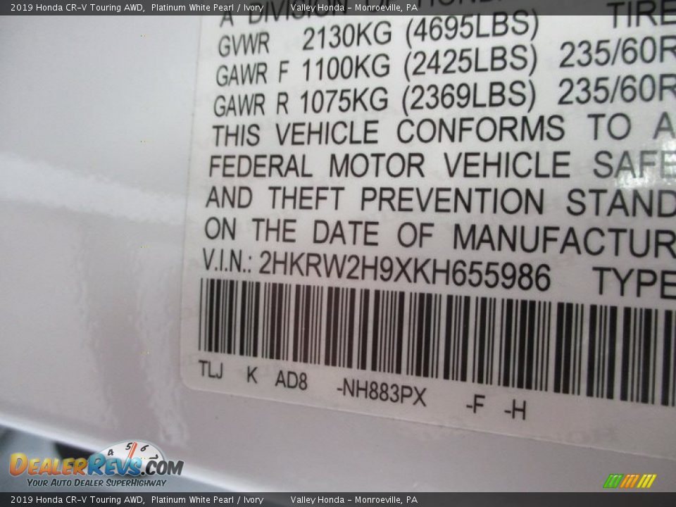 2019 Honda CR-V Touring AWD Platinum White Pearl / Ivory Photo #19