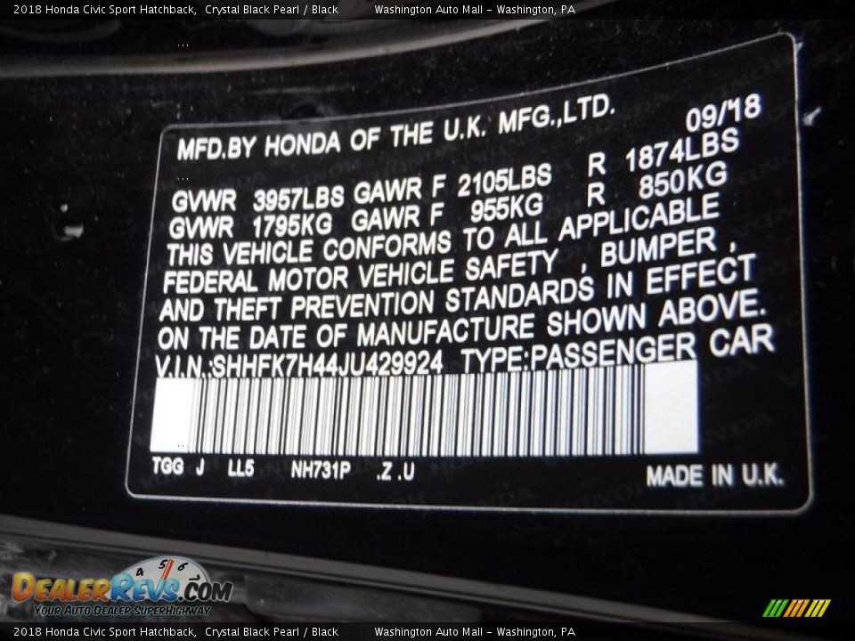 2018 Honda Civic Sport Hatchback Crystal Black Pearl / Black Photo #27