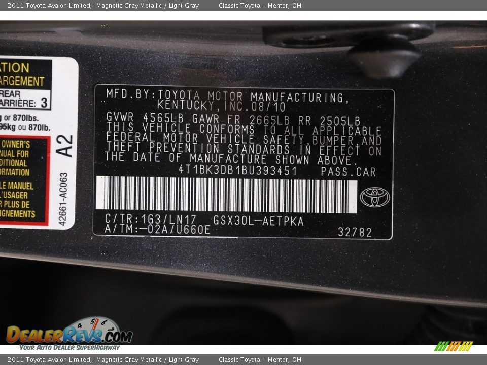 2011 Toyota Avalon Limited Magnetic Gray Metallic / Light Gray Photo #17