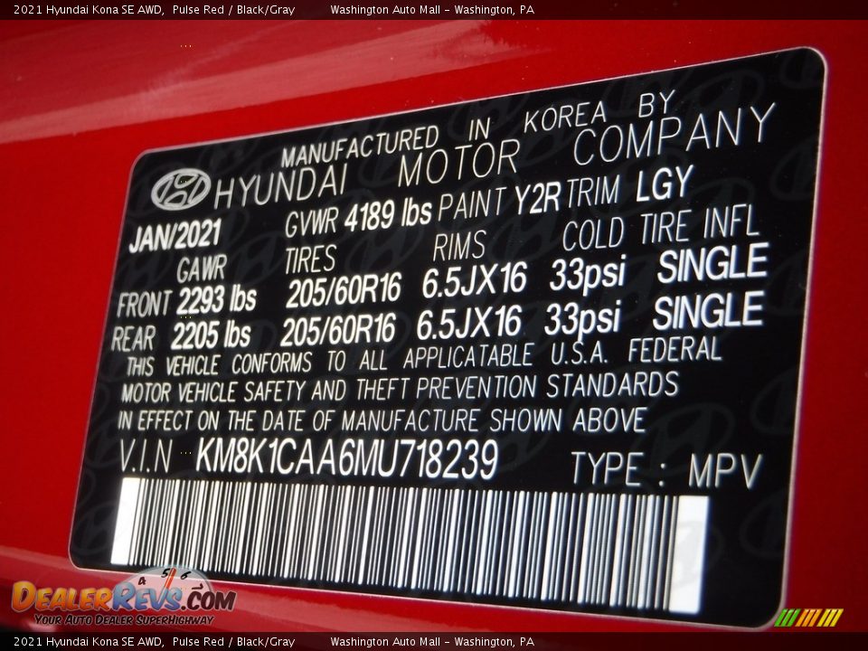 2021 Hyundai Kona SE AWD Pulse Red / Black/Gray Photo #29