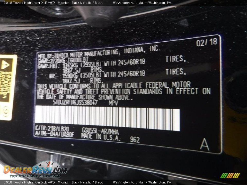 2018 Toyota Highlander XLE AWD Midnight Black Metallic / Black Photo #36