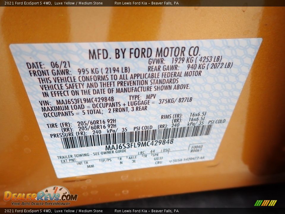 2021 Ford EcoSport S 4WD Luxe Yellow / Medium Stone Photo #18