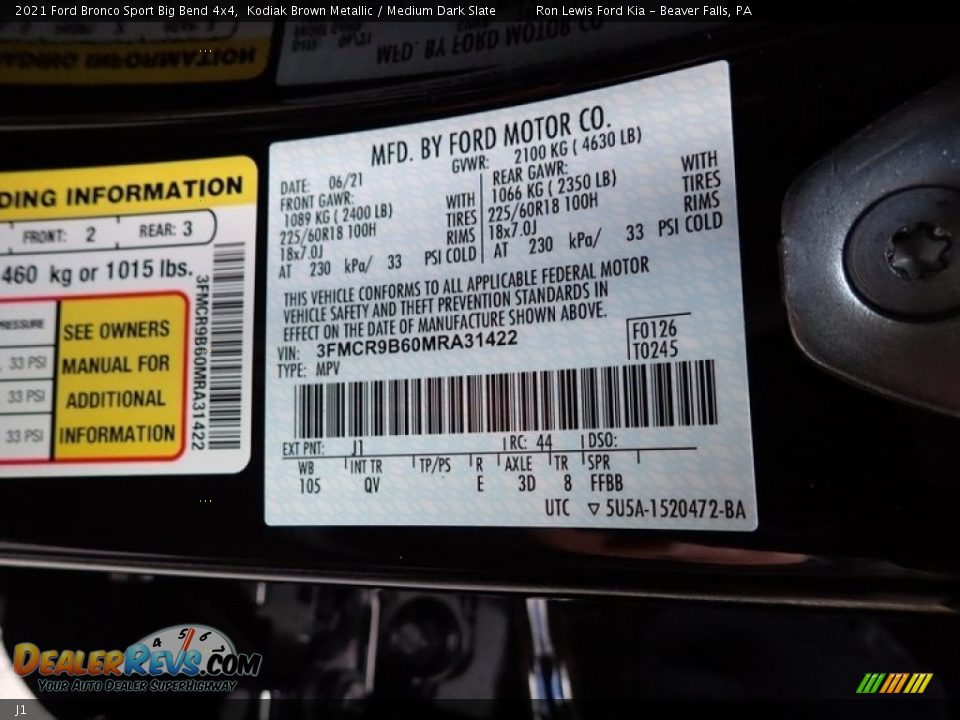 Ford Color Code J1 Kodiak Brown Metallic