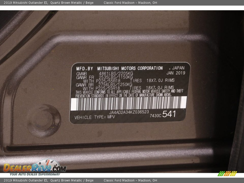 2019 Mitsubishi Outlander ES Quartz Brown Metallic / Beige Photo #20