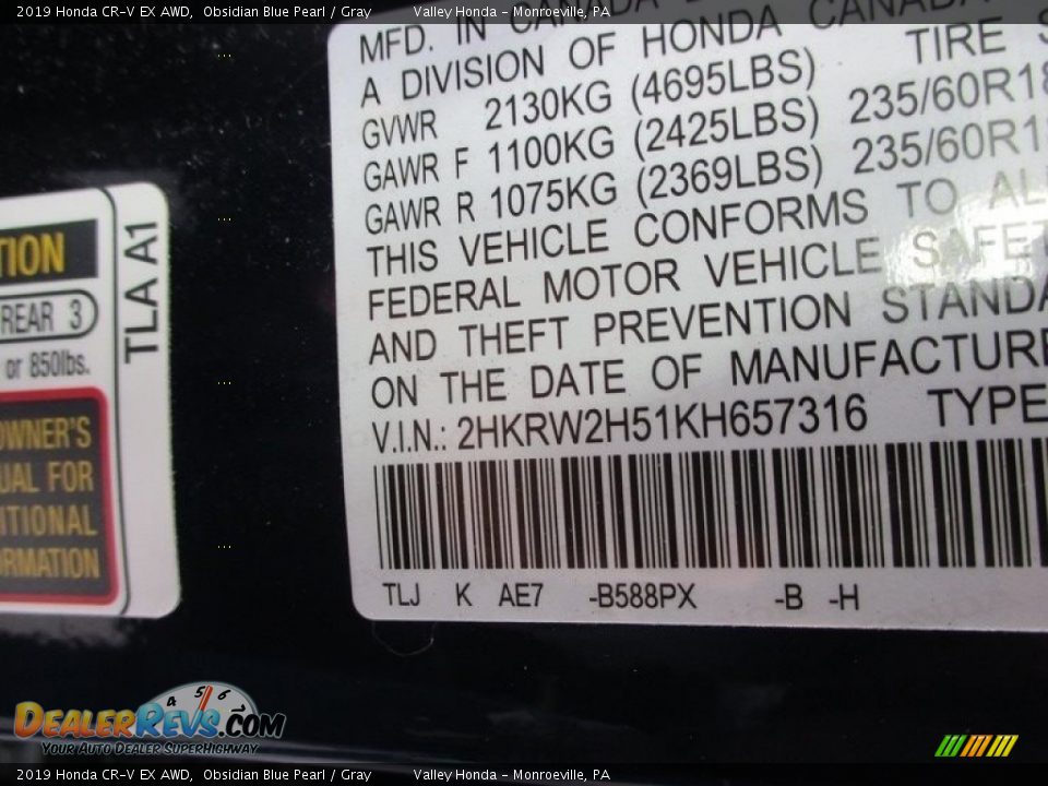2019 Honda CR-V EX AWD Obsidian Blue Pearl / Gray Photo #19
