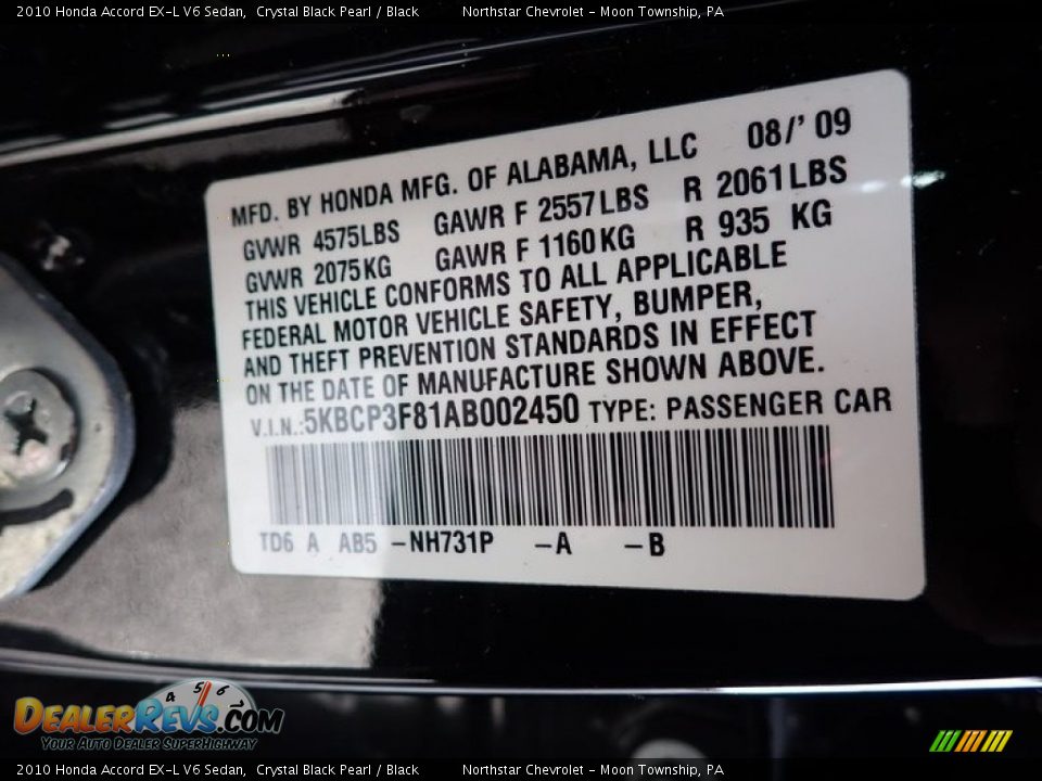 2010 Honda Accord EX-L V6 Sedan Crystal Black Pearl / Black Photo #14