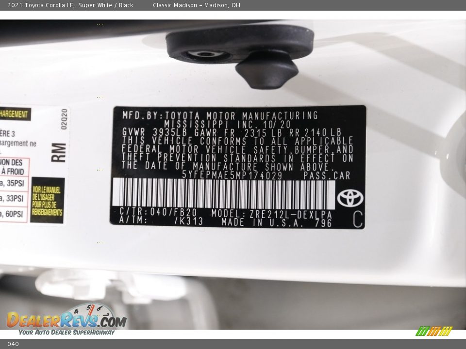 Toyota Color Code 040 Super White