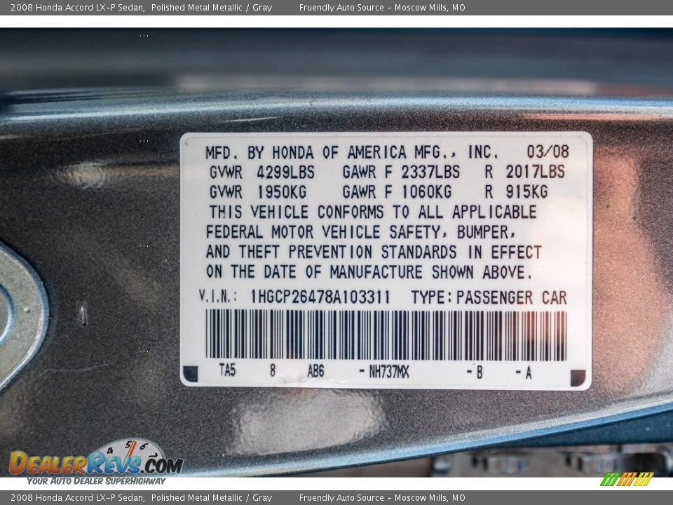 2008 Honda Accord LX-P Sedan Polished Metal Metallic / Gray Photo #34