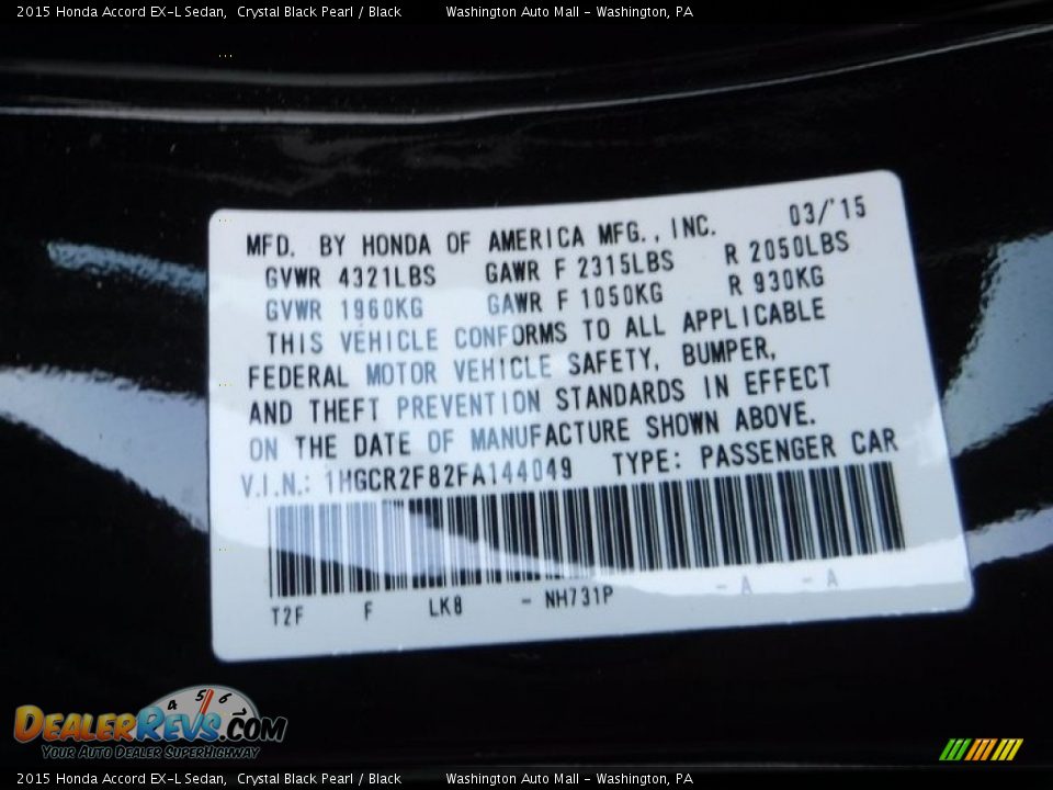 2015 Honda Accord EX-L Sedan Crystal Black Pearl / Black Photo #29