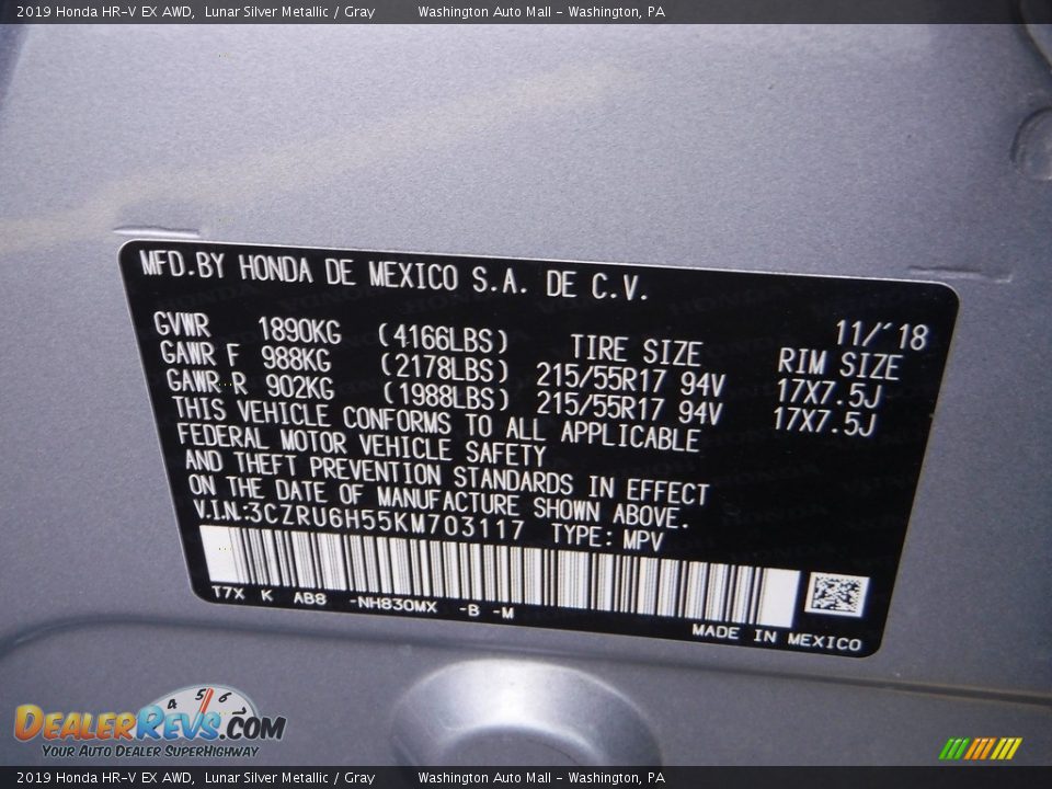 2019 Honda HR-V EX AWD Lunar Silver Metallic / Gray Photo #34