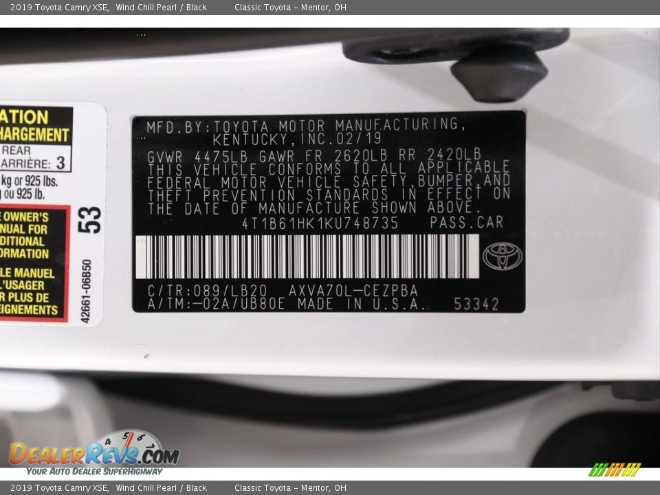 2019 Toyota Camry XSE Wind Chill Pearl / Black Photo #20