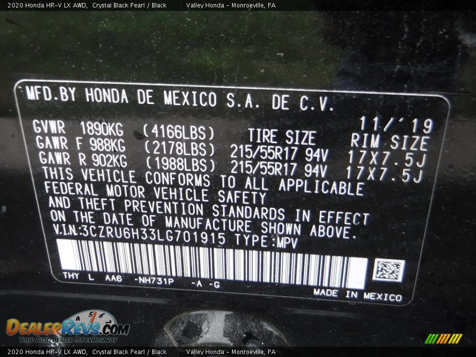 2020 Honda HR-V LX AWD Crystal Black Pearl / Black Photo #23