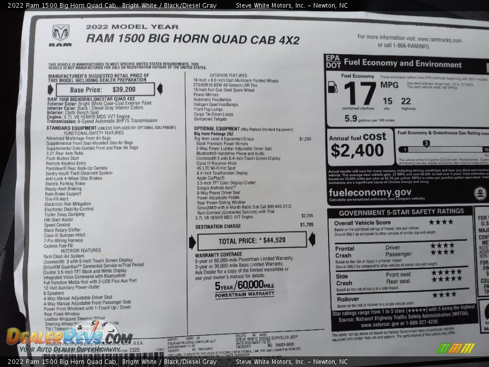 2022 Ram 1500 Big Horn Quad Cab Window Sticker Photo #27