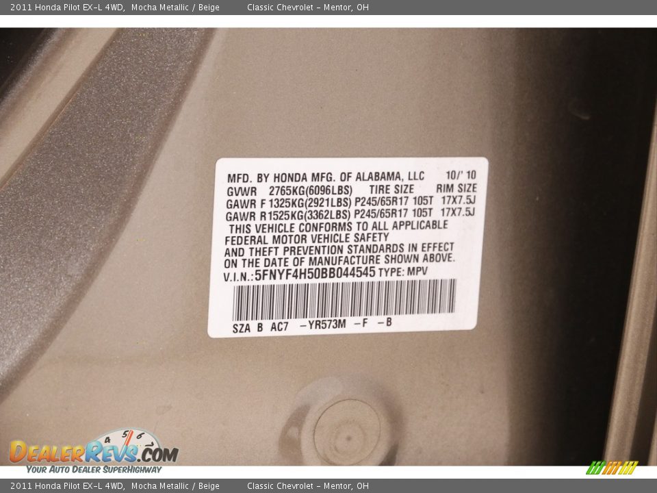 2011 Honda Pilot EX-L 4WD Mocha Metallic / Beige Photo #18