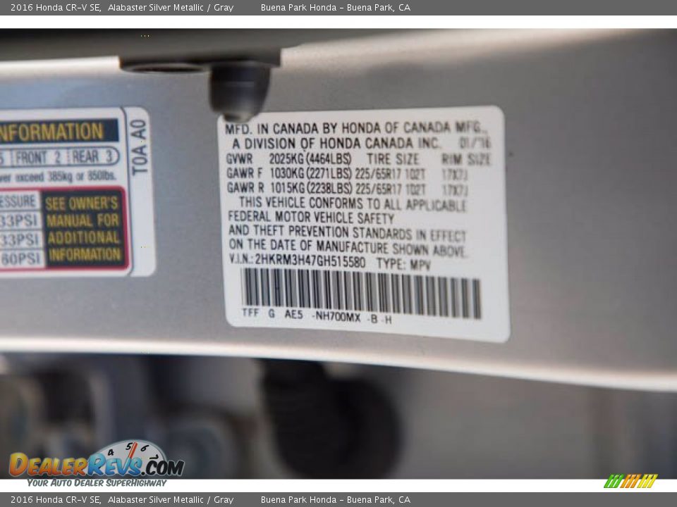 2016 Honda CR-V SE Alabaster Silver Metallic / Gray Photo #33