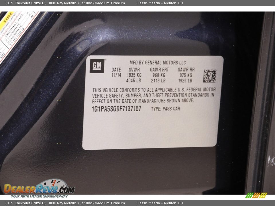 2015 Chevrolet Cruze LS Blue Ray Metallic / Jet Black/Medium Titanium Photo #17