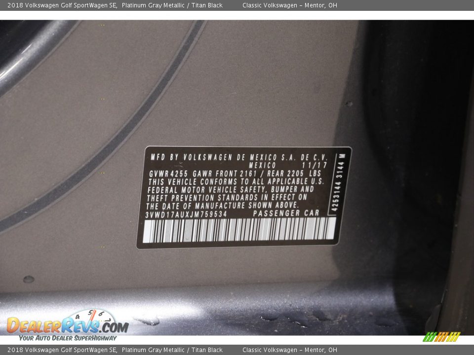 2018 Volkswagen Golf SportWagen SE Platinum Gray Metallic / Titan Black Photo #19