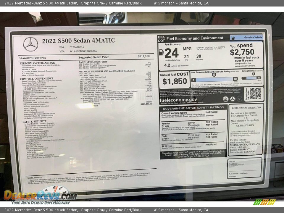 2022 Mercedes-Benz S 500 4Matic Sedan Window Sticker Photo #13