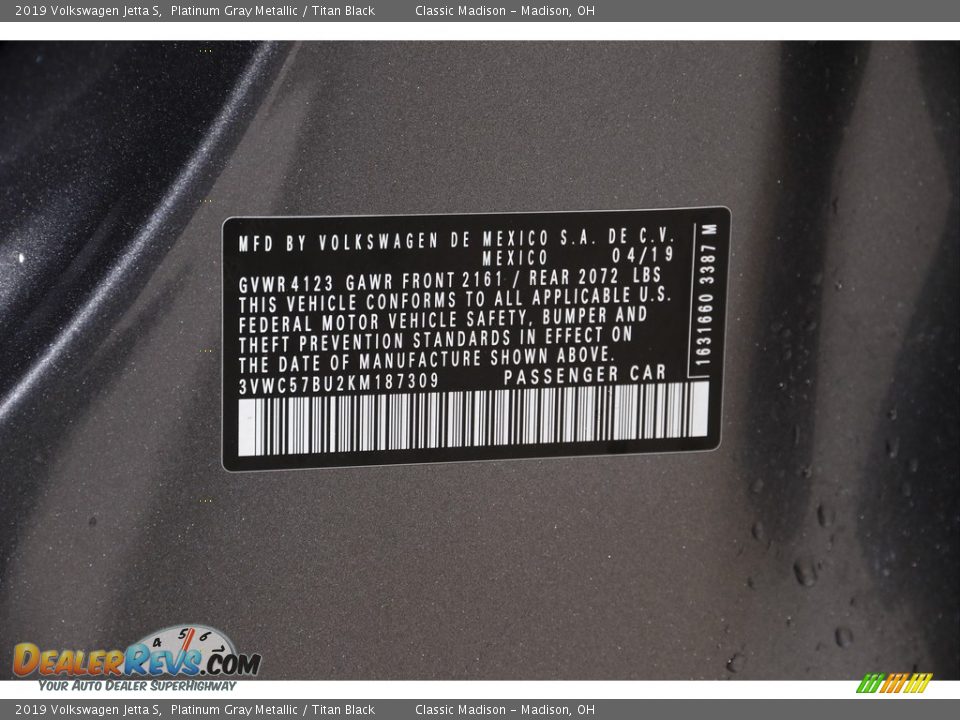 2019 Volkswagen Jetta S Platinum Gray Metallic / Titan Black Photo #18