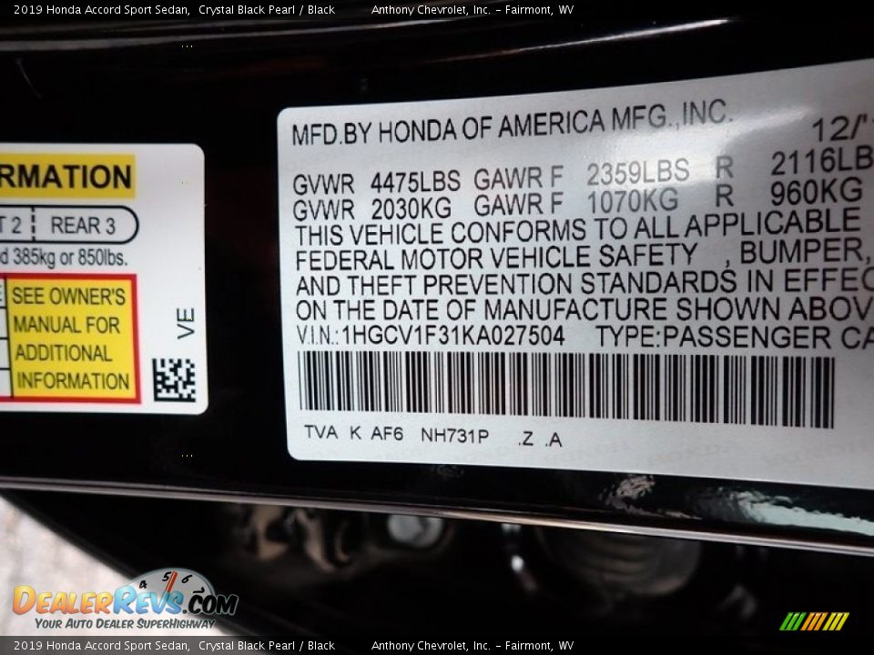 2019 Honda Accord Sport Sedan Crystal Black Pearl / Black Photo #15