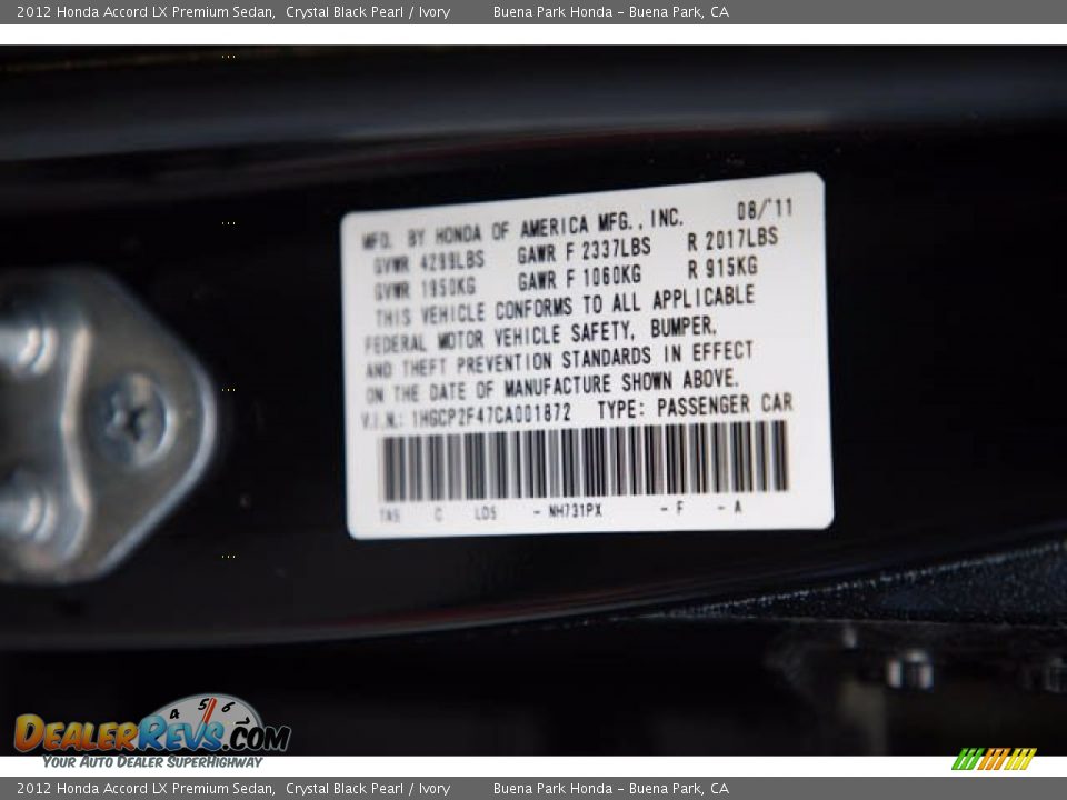 2012 Honda Accord LX Premium Sedan Crystal Black Pearl / Ivory Photo #36