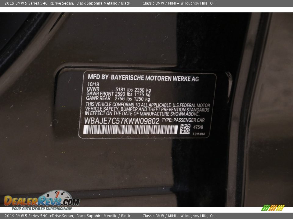 2019 BMW 5 Series 540i xDrive Sedan Black Sapphire Metallic / Black Photo #24