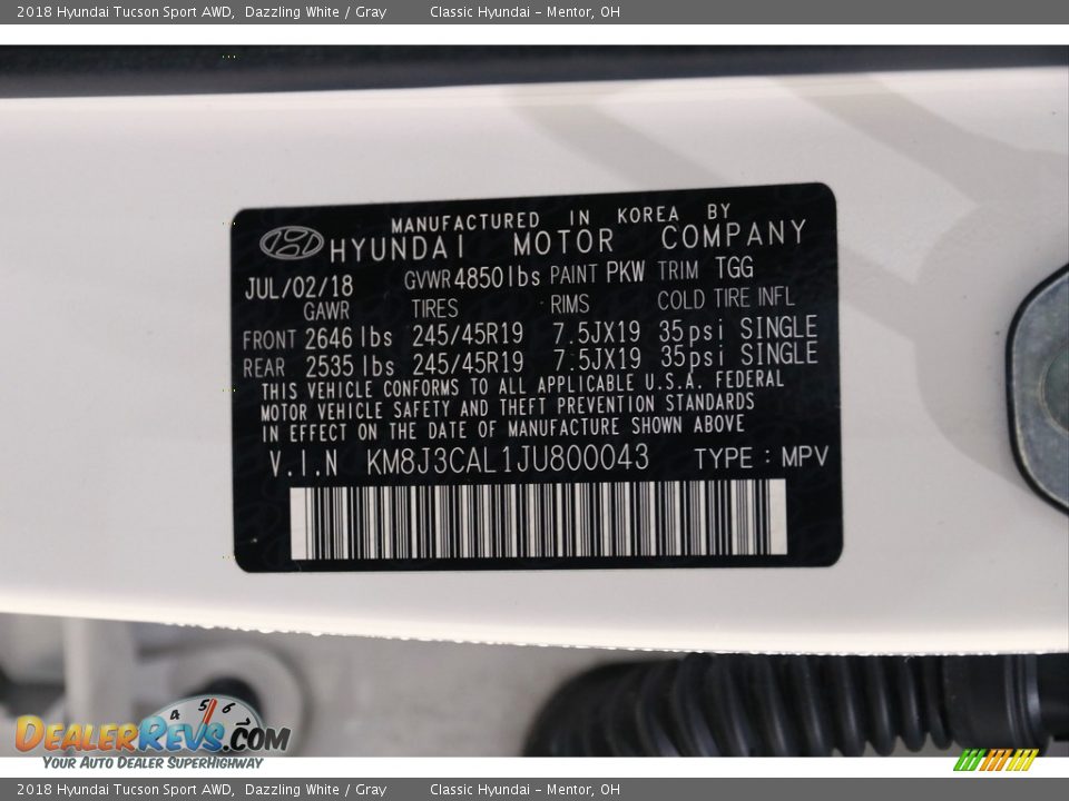 2018 Hyundai Tucson Sport AWD Dazzling White / Gray Photo #19