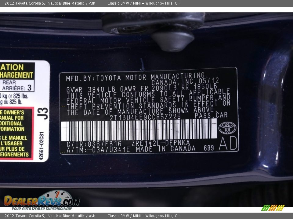 2012 Toyota Corolla S Nautical Blue Metallic / Ash Photo #18