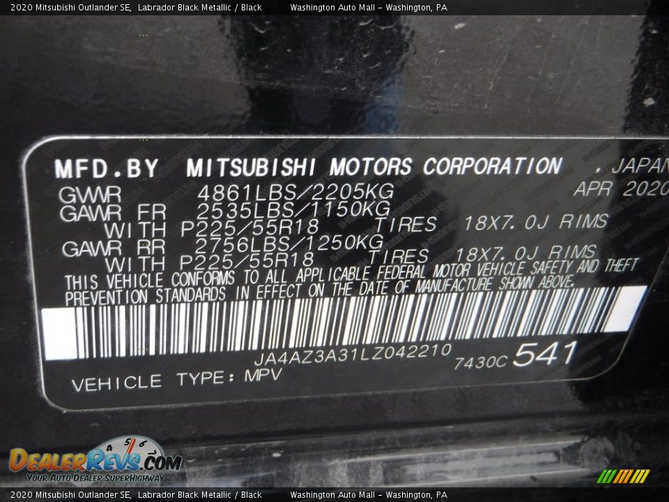 2020 Mitsubishi Outlander SE Labrador Black Metallic / Black Photo #27
