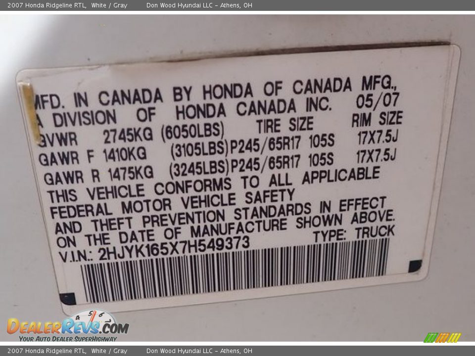 2007 Honda Ridgeline RTL White / Gray Photo #15