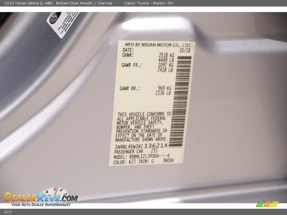 Nissan Color Code K23 Brilliant Silver Metallic