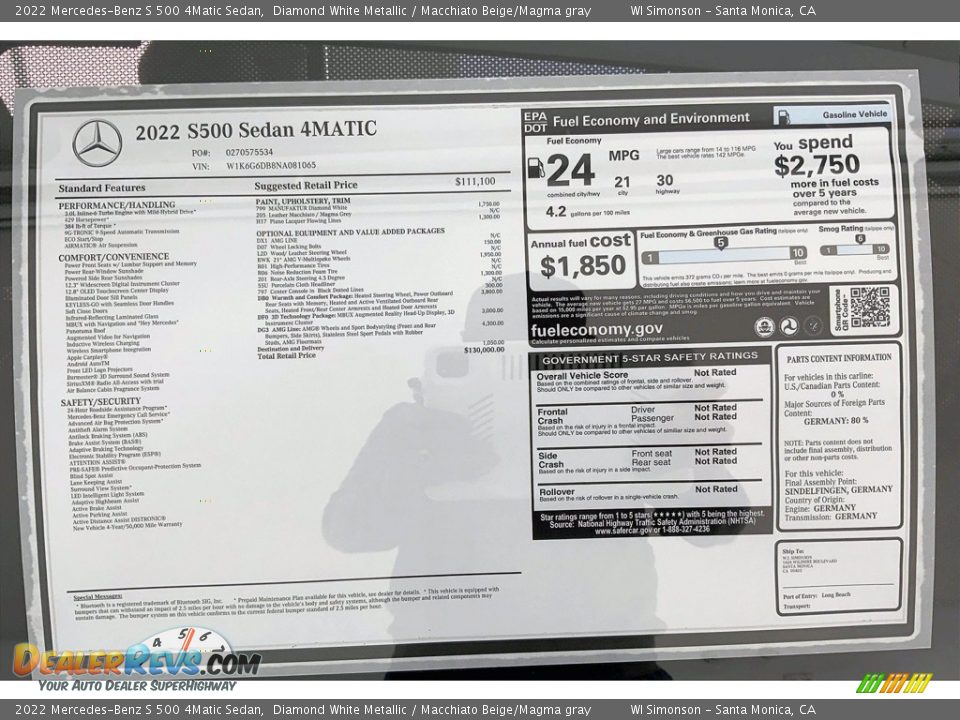 2022 Mercedes-Benz S 500 4Matic Sedan Window Sticker Photo #13