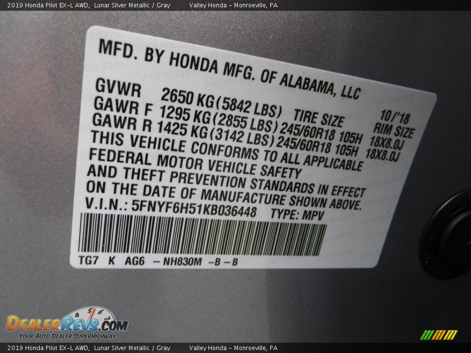 2019 Honda Pilot EX-L AWD Lunar Silver Metallic / Gray Photo #31