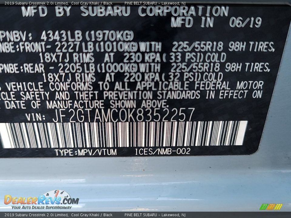 2019 Subaru Crosstrek 2.0i Limited Cool Gray Khaki / Black Photo #31
