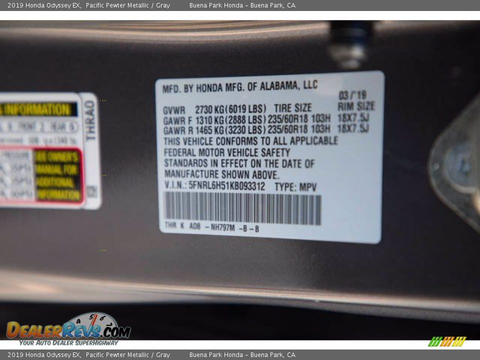 2019 Honda Odyssey EX Pacific Pewter Metallic / Gray Photo #36