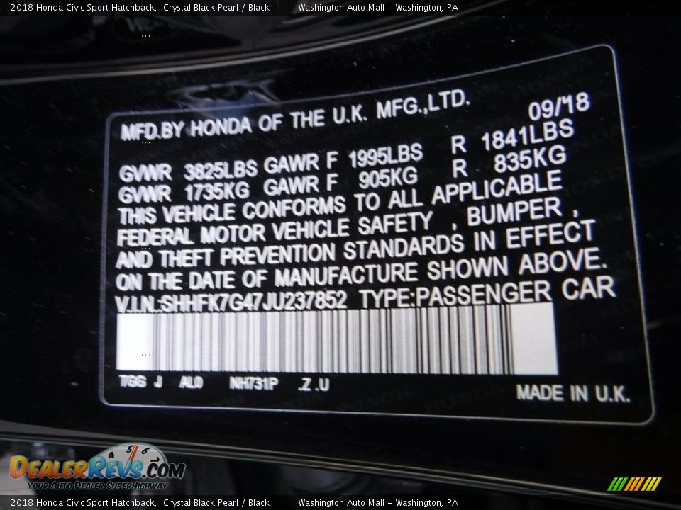 2018 Honda Civic Sport Hatchback Crystal Black Pearl / Black Photo #27