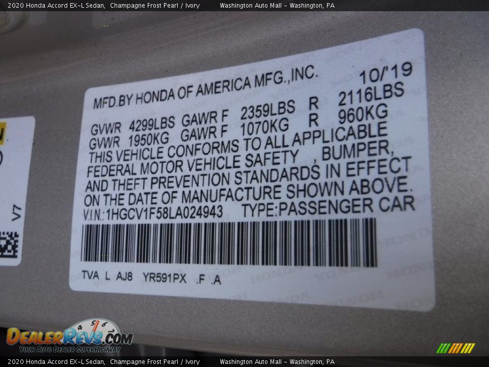 2020 Honda Accord EX-L Sedan Champagne Frost Pearl / Ivory Photo #32