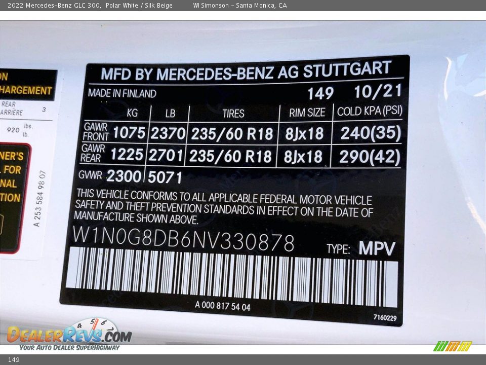 Mercedes-Benz Color Code 149 Polar White