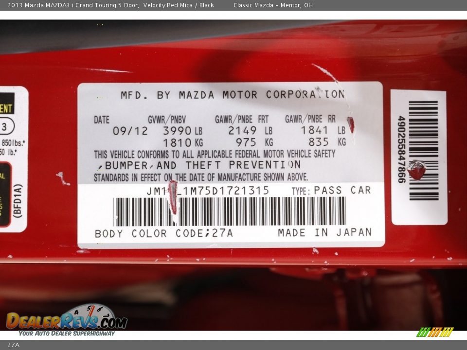Mazda Color Code 27A Velocity Red Mica