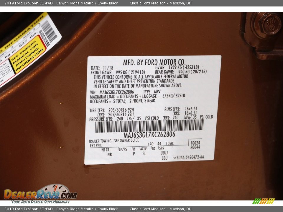 2019 Ford EcoSport SE 4WD Canyon Ridge Metallic / Ebony Black Photo #19