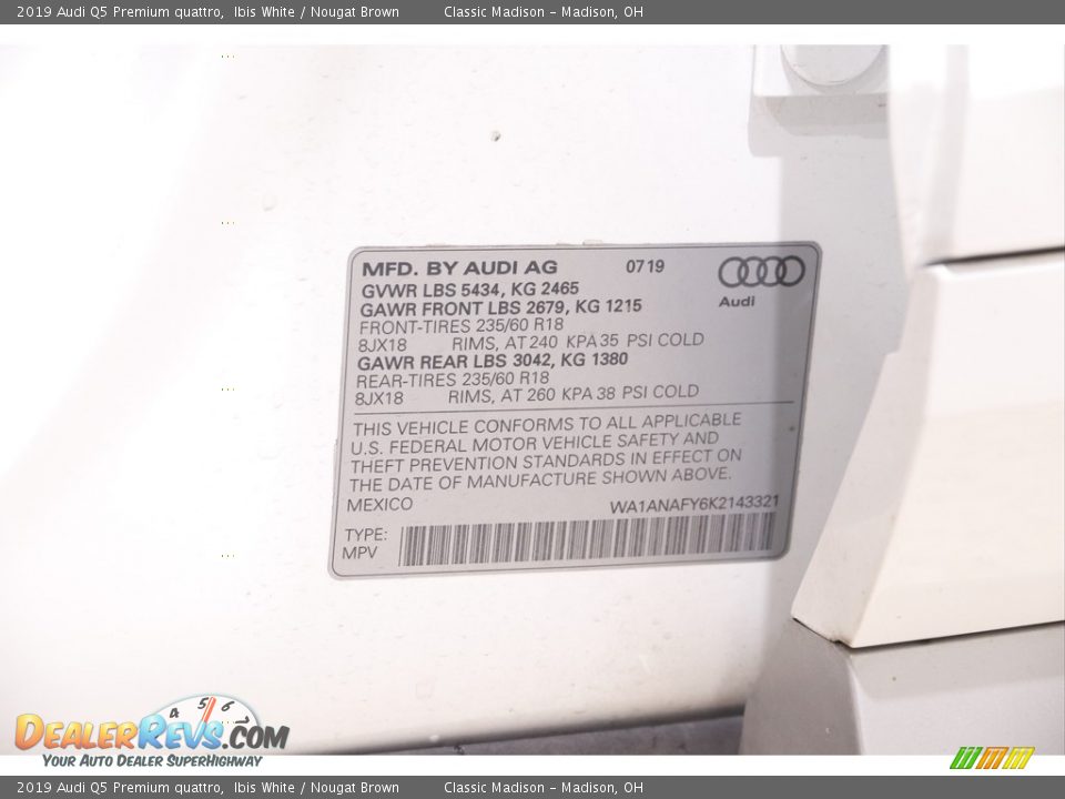 2019 Audi Q5 Premium quattro Ibis White / Nougat Brown Photo #20