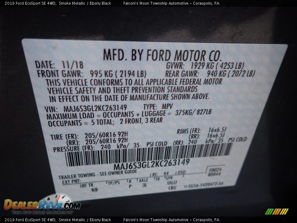 2019 Ford EcoSport SE 4WD Smoke Metallic / Ebony Black Photo #28